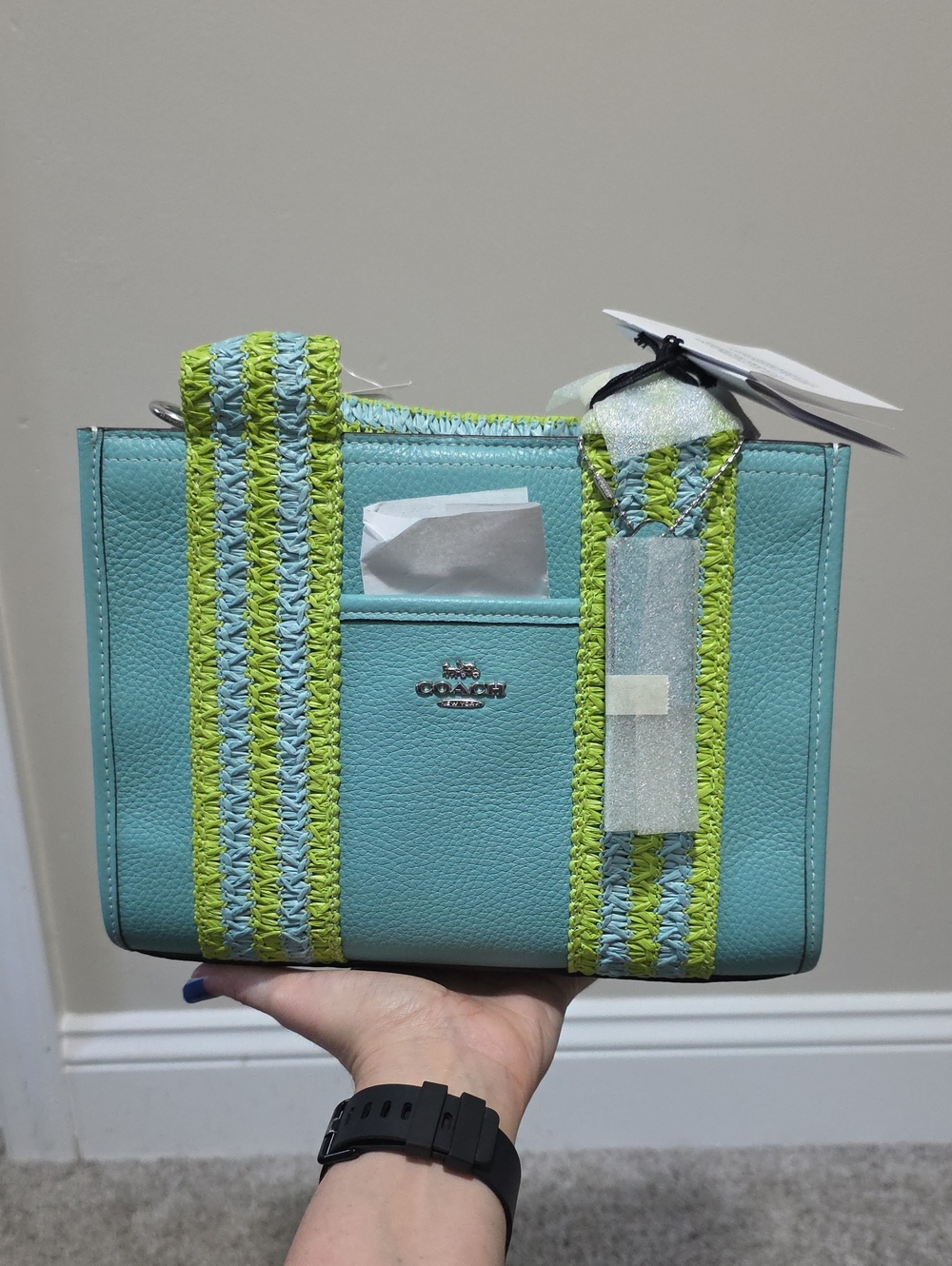 Coach Smith Tote 24 Leather Straw Webbing Bag, Crossbody Light Turquoise Multi